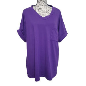 Miholl Bright Deep Purple V-Neck Short Sleeve Top Long Length Comfort Stretch XL